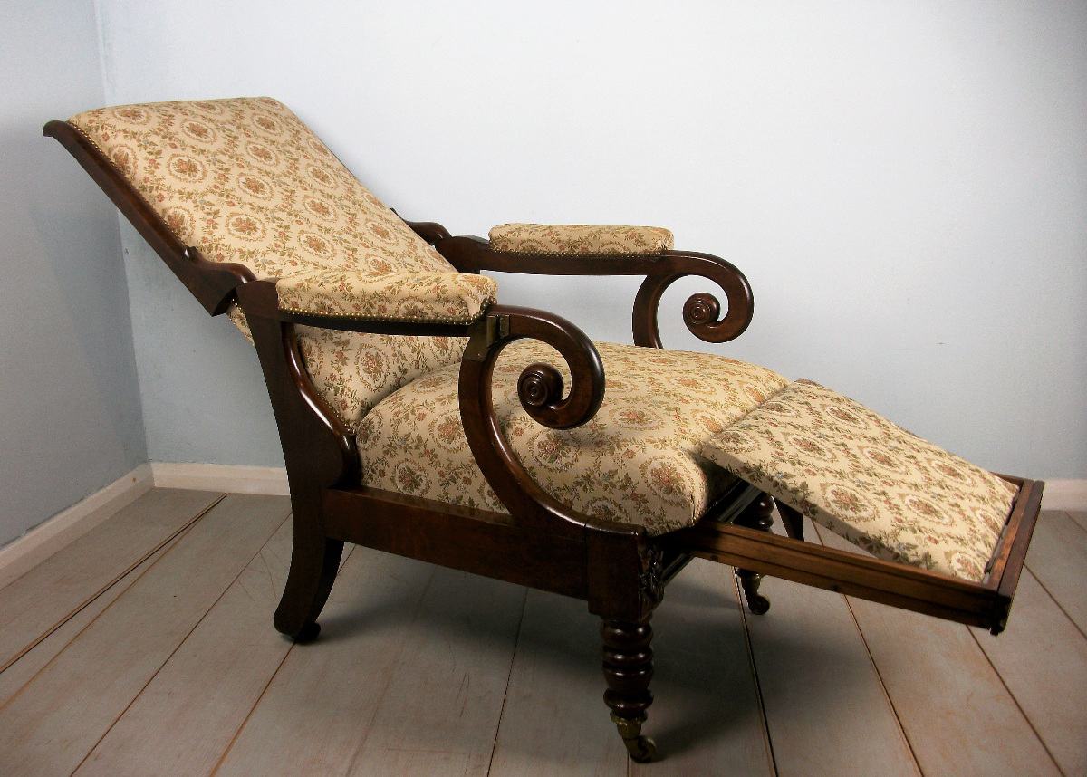 Antique Reclining Mahogany Library Armchair