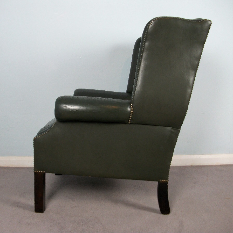 Georgian Green Leather Wing Back Chair