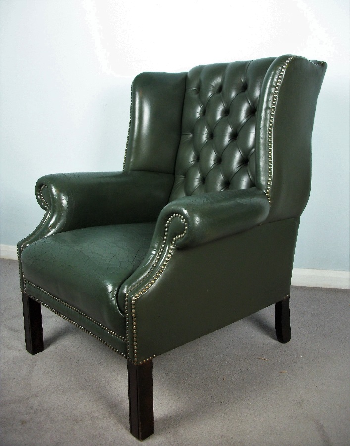 Georgian Green Leather Wing Back Chair