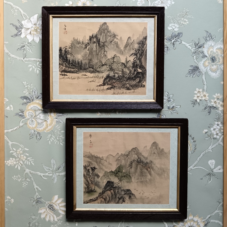 Pair of Signed Chinese Shan Shui Silk Paintings in Original Frames