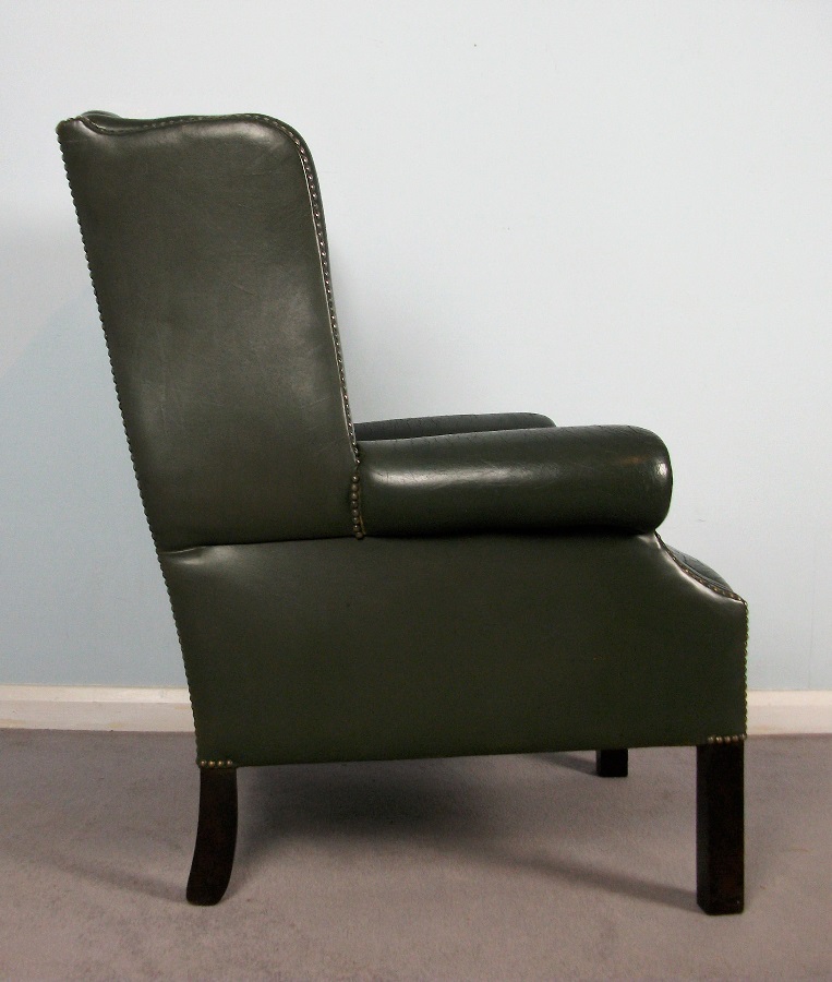 Georgian Green Leather Wing Back Chair