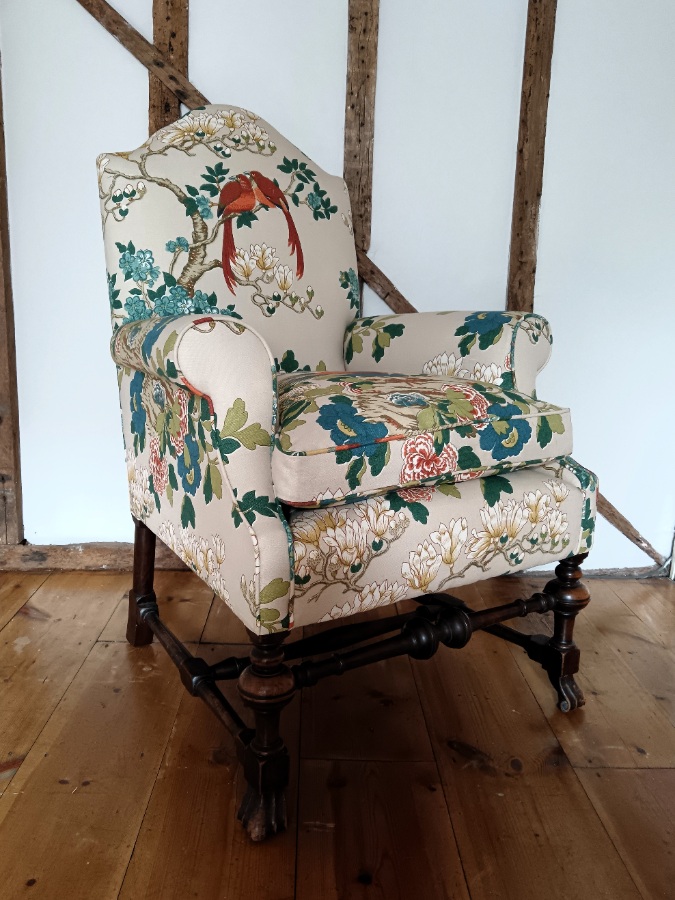 William and Mary Revival Armchair in Luxury GP  J Baker Rockbird Fabric (1).jpg