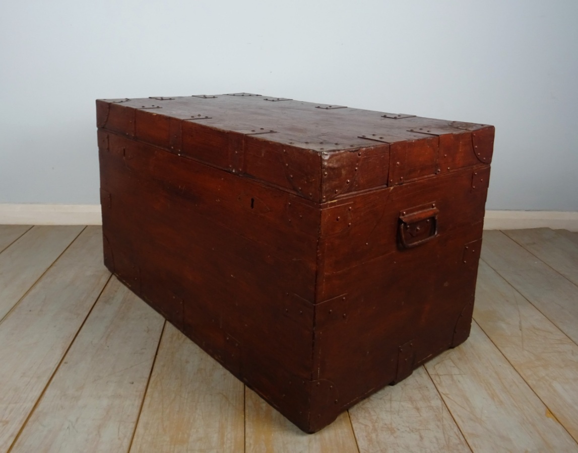 Antique 19th C. Campaign Military Zinc Lined Travel Trunk Chest