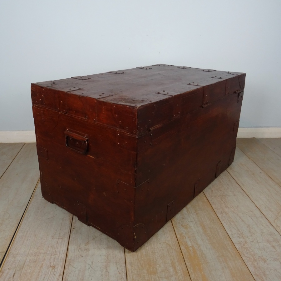 Antique 19th C. Campaign Military Zinc Lined Travel Trunk Chest