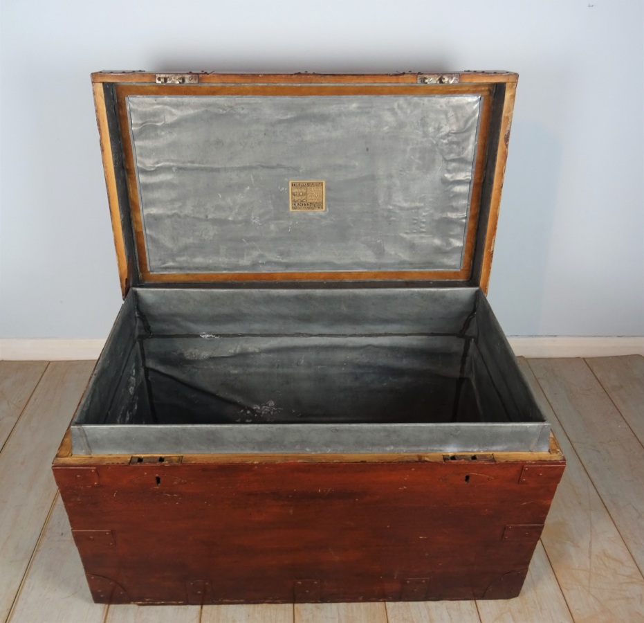 Antique 19th C. Campaign Military Zinc Lined Travel Trunk Chest