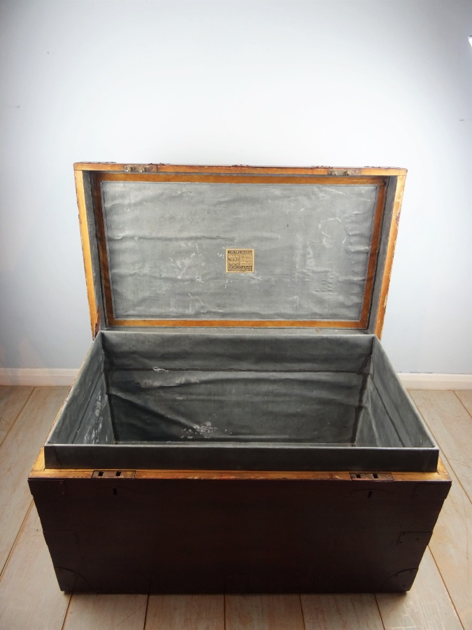 Antique 19th C. Campaign Military Zinc Lined Travel Trunk Chest