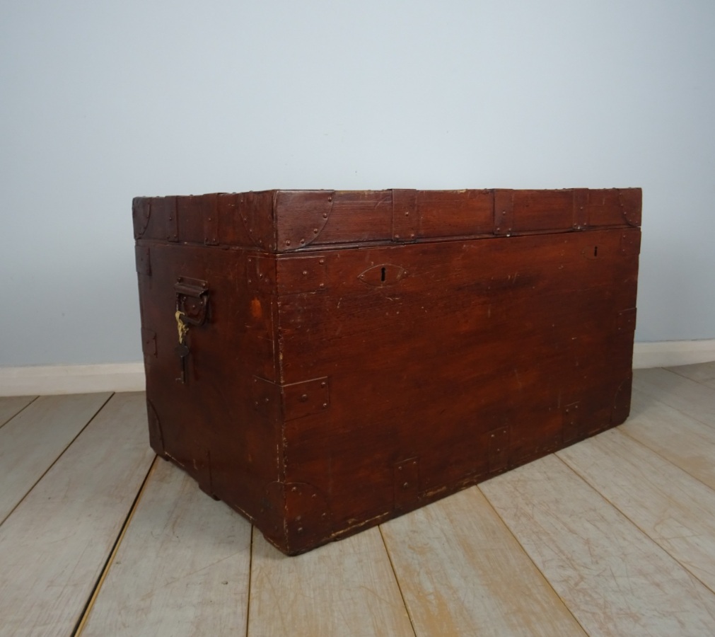 Antique 19th C. Campaign Military Zinc Lined Travel Trunk Chest