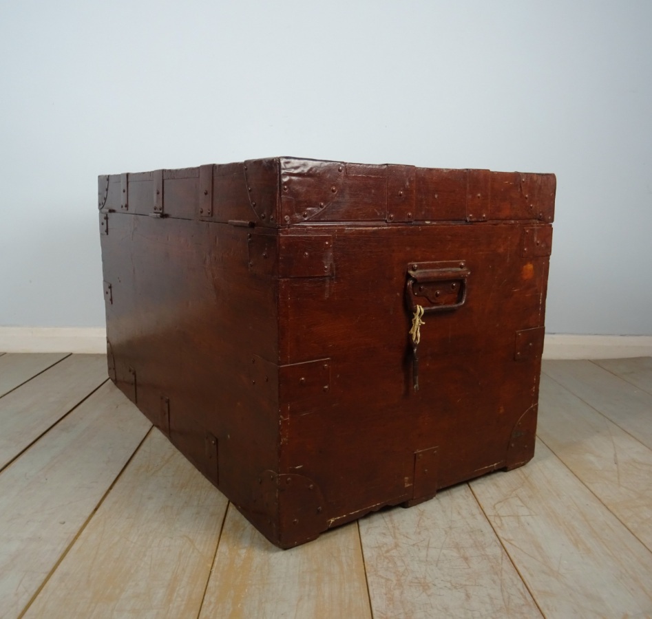 Antique 19th C. Campaign Military Zinc Lined Travel Trunk Chest