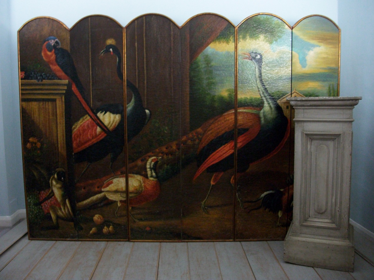 Six Fold Dressing Screen Wall Art Oil Painting Depicting Exotic Animals & Birds